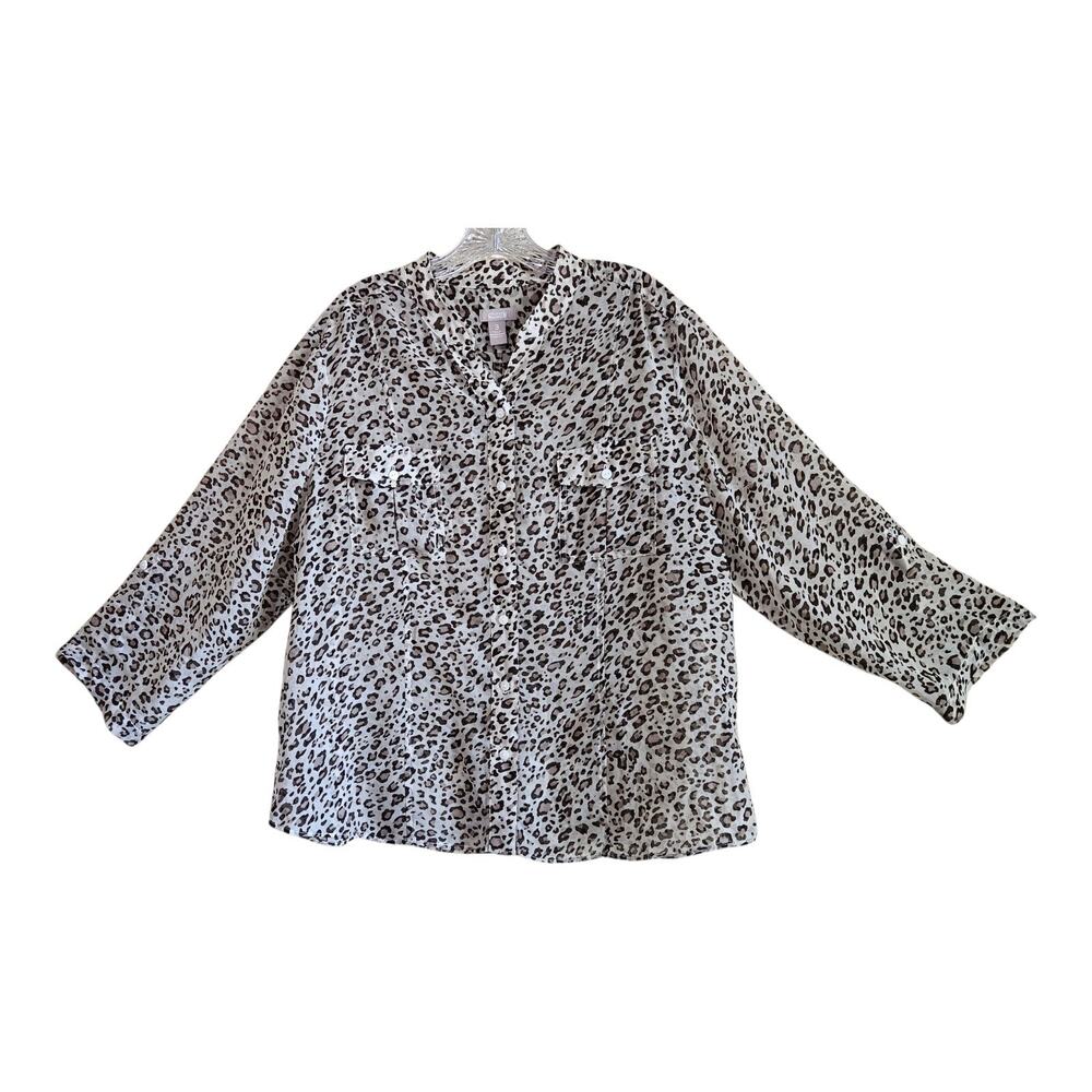 CHICO'S 3 Women's XL Blouse Button Up Cheetah Print Semi Sheer 3/4 Sleeve 48"